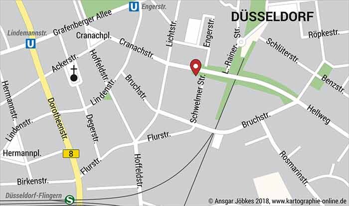 Anfahrtsskizze Korfmacher Holzverarbeitung, Schwelmer Straße 23, Düsseldorf-Flingern.